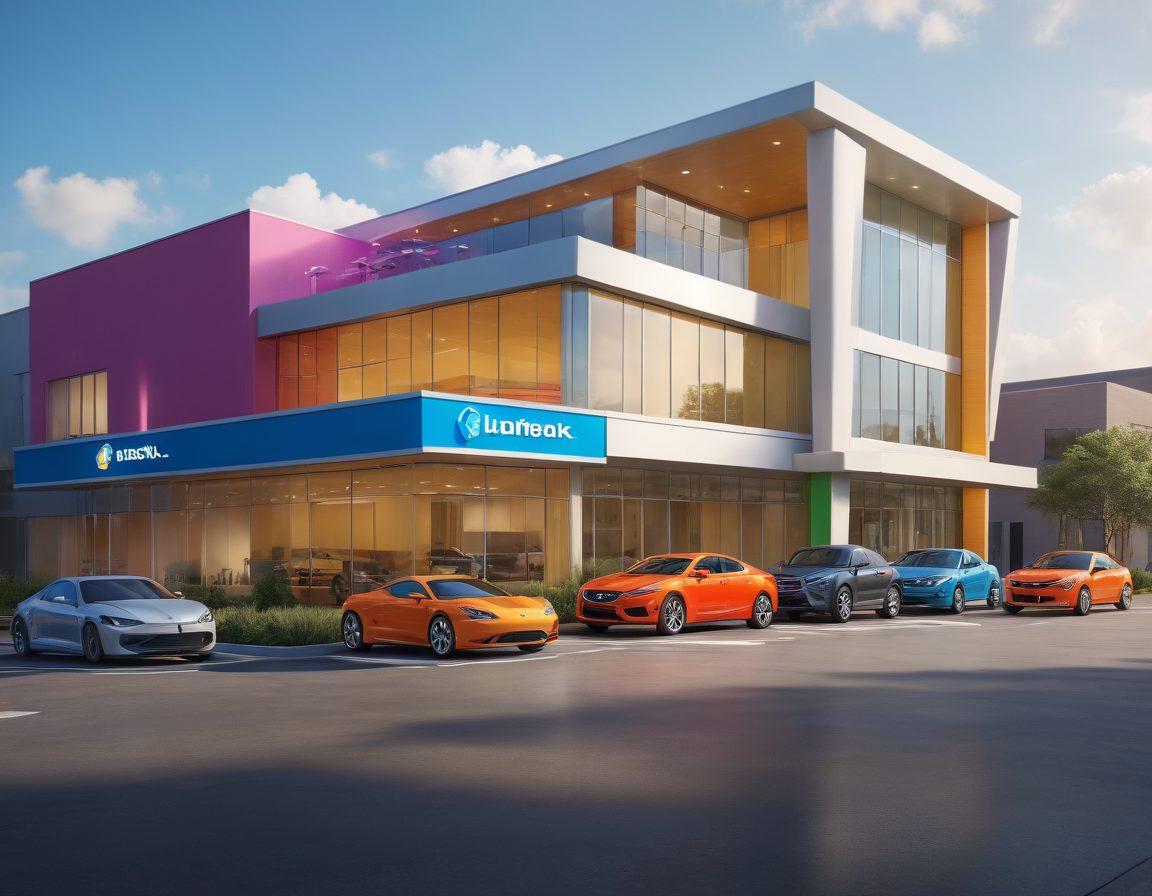 A serene urban landscape of Lafreak, with diverse automobiles parked in front of a modern insurance agency building, showcasing various insurance symbols like shields and dollar signs floating around. The scene should convey a sense of security and savings, featuring happy families interacting with insurance agents. Bright, inviting colors to highlight optimism and financial wellness. super-realistic. vibrant colors.