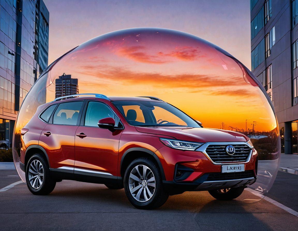 A dramatic scene featuring a shiny, well-protected vehicle parked under a vibrant sunset in Lafreak. The vehicle is encased in a transparent protective bubble, emphasizing security and safety. Surround the vehicle with symbolic representations of various protection elements like shields, locks, and insurance papers, set against an urban backdrop that hints at Lafreak's atmosphere. The image should evoke a feeling of safety and trust. super-realistic. vibrant colors. urban landscape.