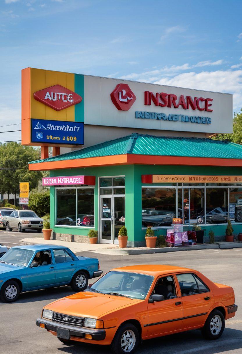 A dynamic roadside scene featuring diverse cars parked in front of an auto insurance office in Lafreak, showcasing a colorful display of discount signs and rate comparison charts on a nearby billboard. Include happy families reviewing policies together, and an eye-catching map pinpointing insurance options in the background. The overall atmosphere is friendly and informative. vibrant colors. super-realistic.